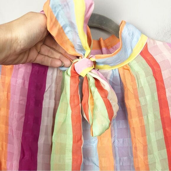 MARIE OLIVER | Striped Multicolor Silk High Neck Drop Waist Dress Women’s Small - Picture 6 of 9